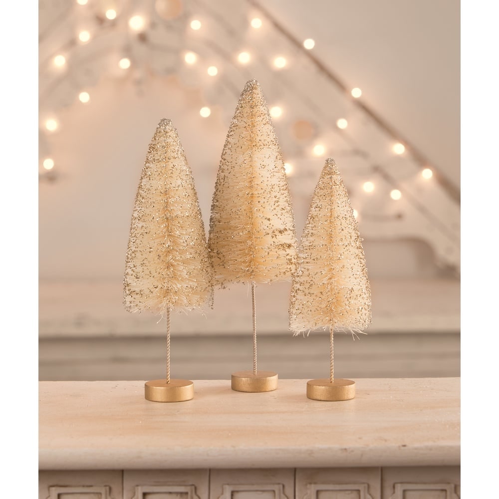 Opal Gold Glow Bottle Brush Trees S3by Bethany Lowe