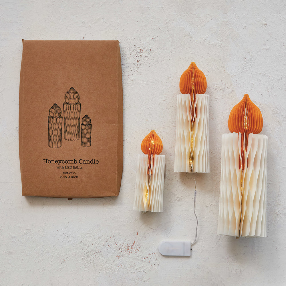 Paper Folding Honeycomb Candles w/ LED Lights, Set of 3 by Creative Co-Op