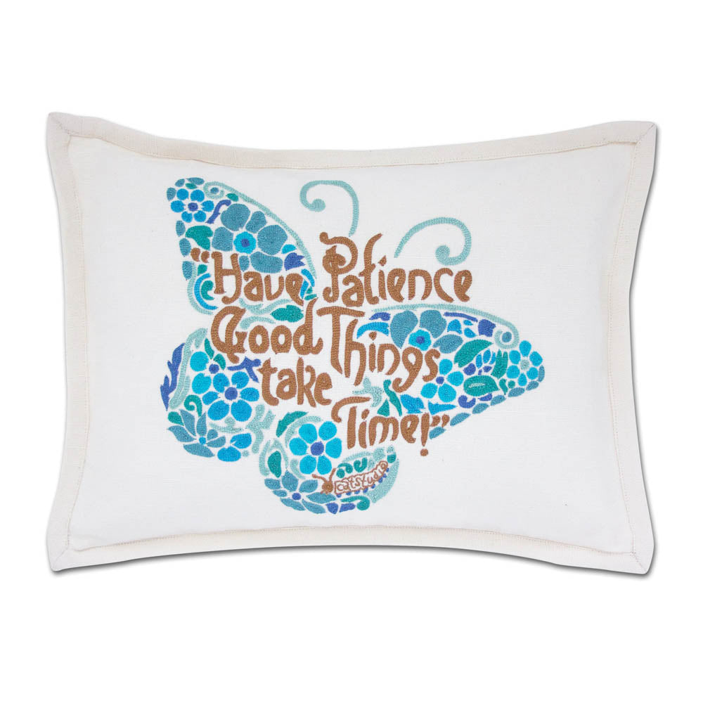 Patience Butterfly Love Letters Hand-Embroidered Pillow - Available in Pink or Blue by CatStudio