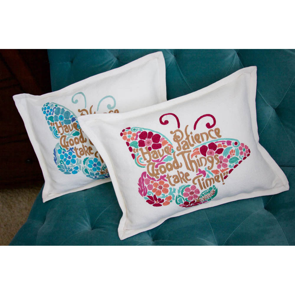 Patience Butterfly Love Letters Hand-Embroidered Pillow - Available in Pink or Blue by CatStudio