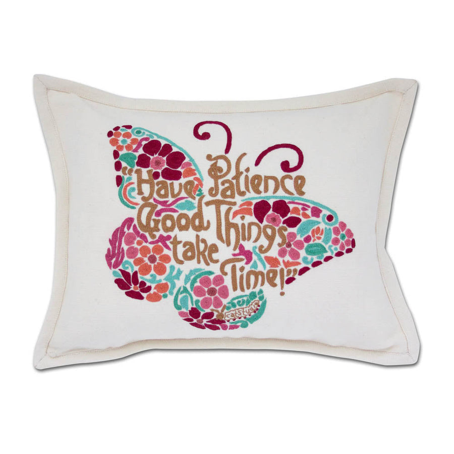 Patience Butterfly Love Letters Hand-Embroidered Pillow - Available in Pink or Blue by CatStudio