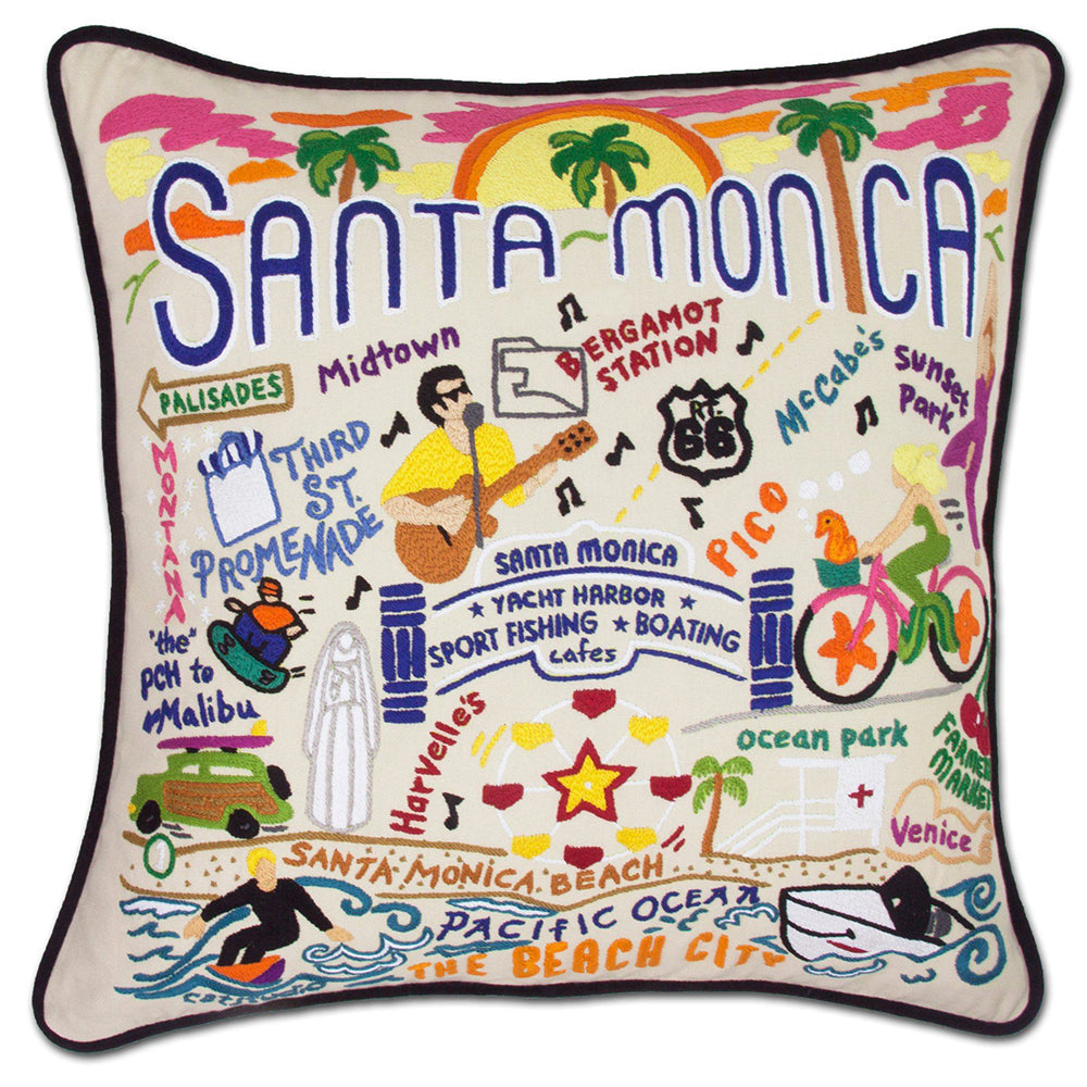 Santa Monica, CA Hand-Embroidered Pillow