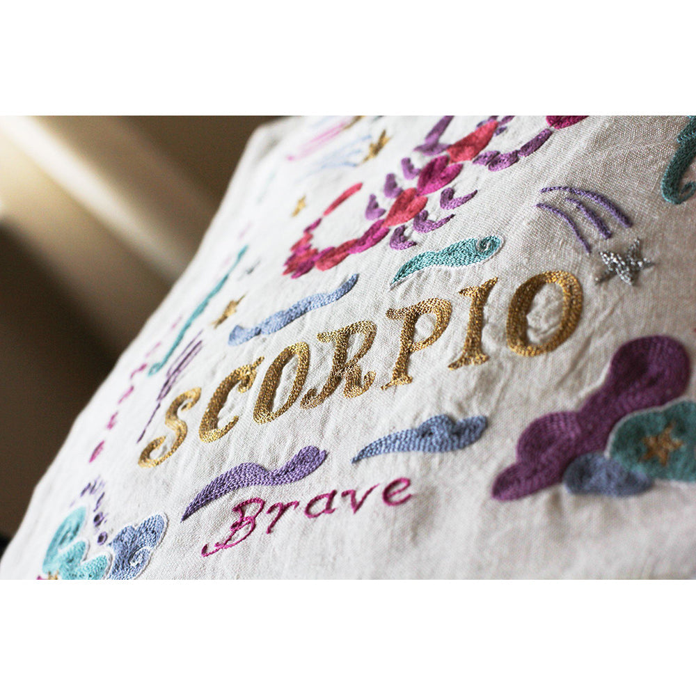 Scorpio Astrology Hand-Embroidered Pillow by Cat Studio