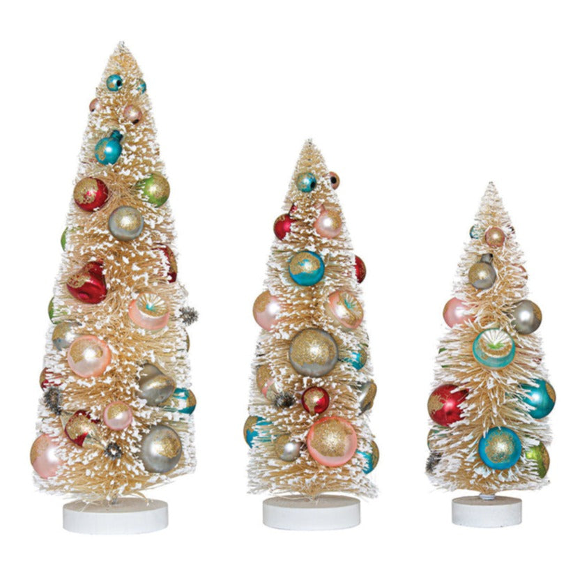 Sisal Bottle Brush Trees w/ Multi Color Ornaments & Wood Bases, Antique White, Set of 3 by Creative Co-Op