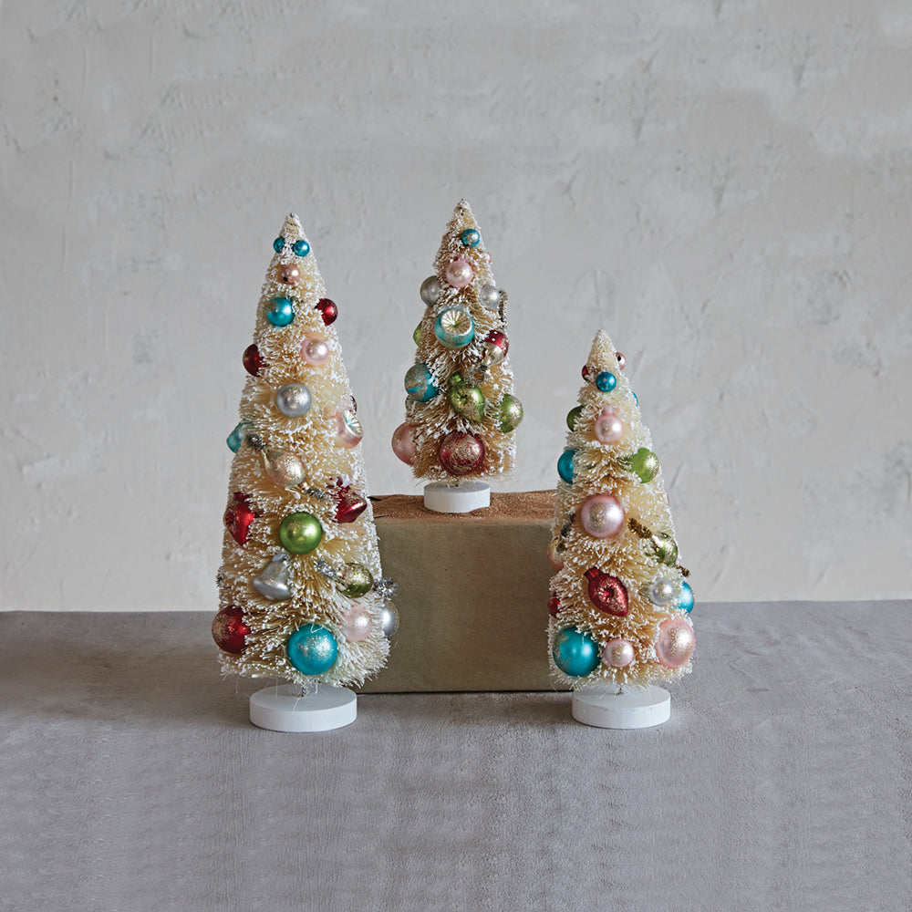 Sisal Bottle Brush Trees w/ Multi Color Ornaments & Wood Bases, Antique White, Set of 3 by Creative Co-Op