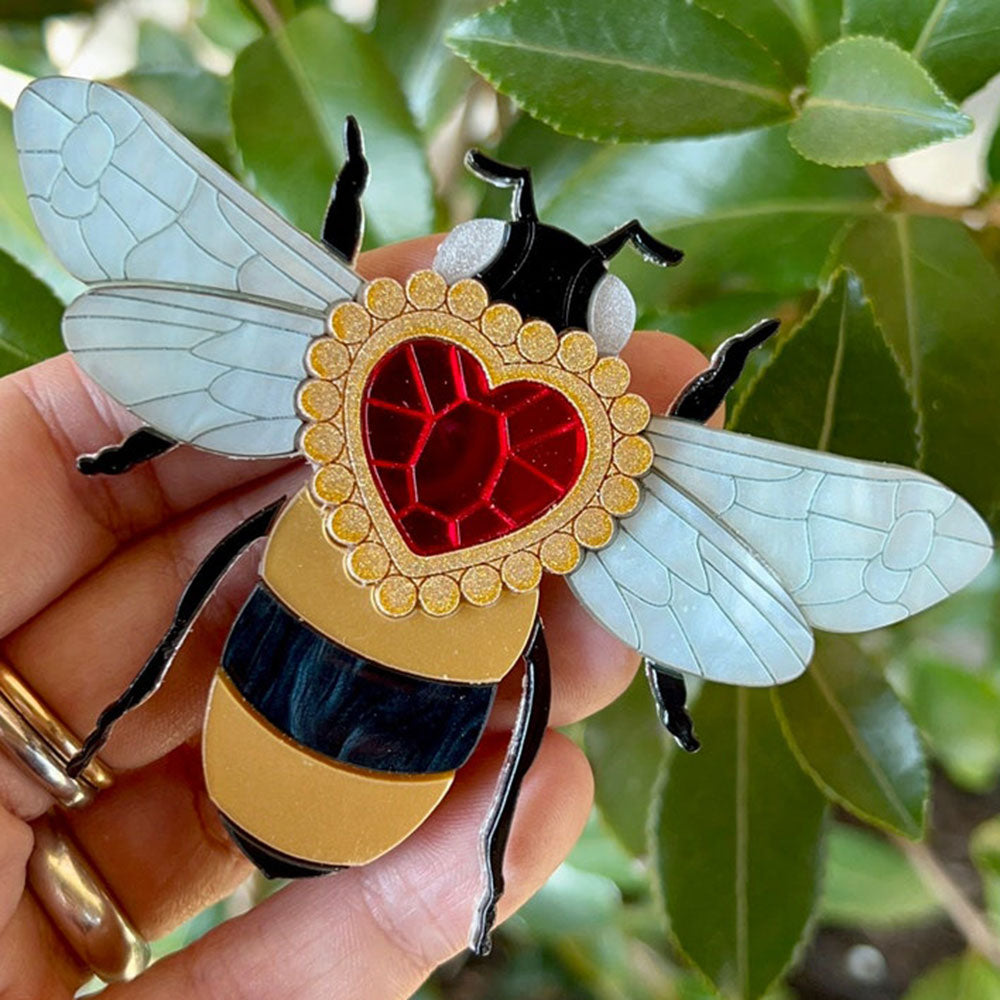 Victorian Age Inspired Insect Jewels Statement Acrylic Brooch - Bee with Diamond Heart by Makokot Design