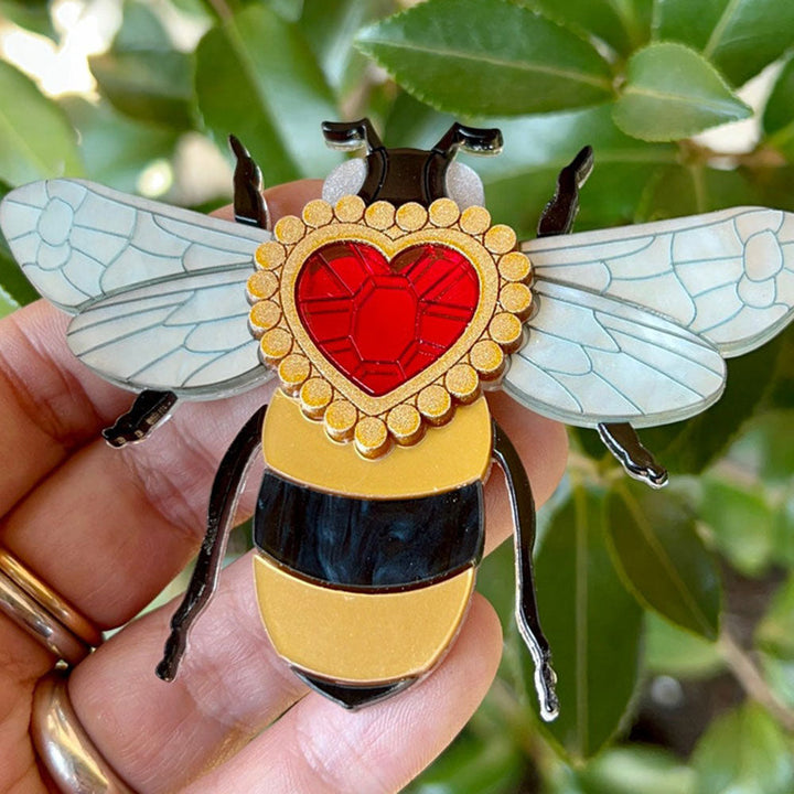 Victorian Age Inspired Insect Jewels Statement Acrylic Brooch - Bee with Diamond Heart by Makokot Design