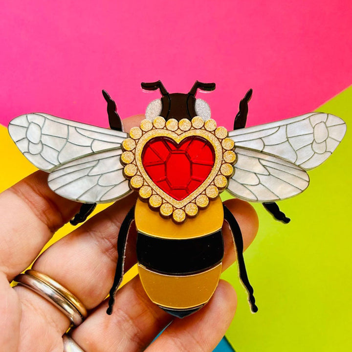 Victorian Age Inspired Insect Jewels Statement Acrylic Brooch - Bee with Diamond Heart by Makokot Design