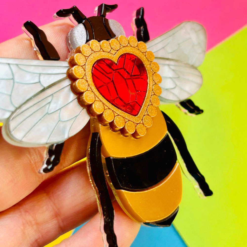 Victorian Age Inspired Insect Jewels Statement Acrylic Brooch - Bee with Diamond Heart by Makokot Design