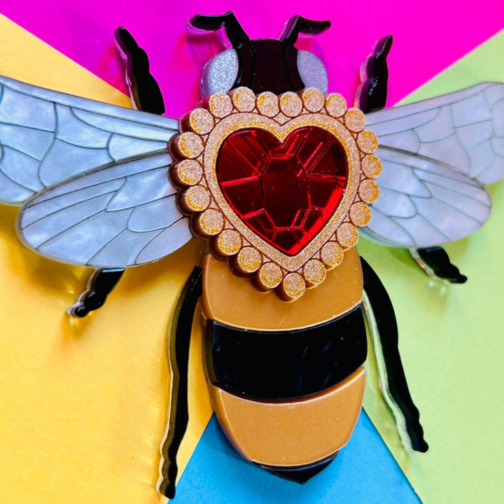 Victorian Age Inspired Insect Jewels Statement Acrylic Brooch - Bee with Diamond Heart by Makokot Design