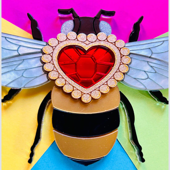 Victorian Age Inspired Insect Jewels Statement Acrylic Brooch - Bee with Diamond Heart by Makokot Design