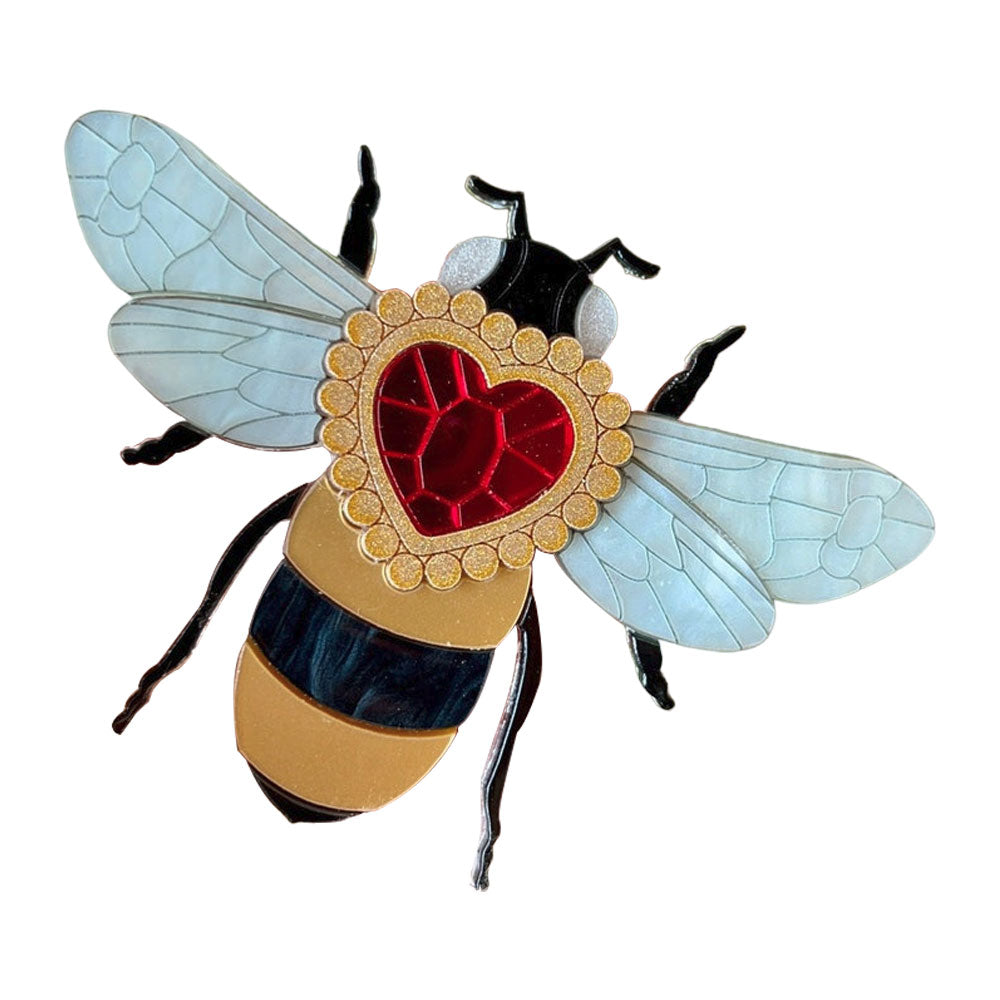 Victorian Age Inspired Insect Jewels Statement Acrylic Brooch - Bee with Diamond Heart by Makokot Design