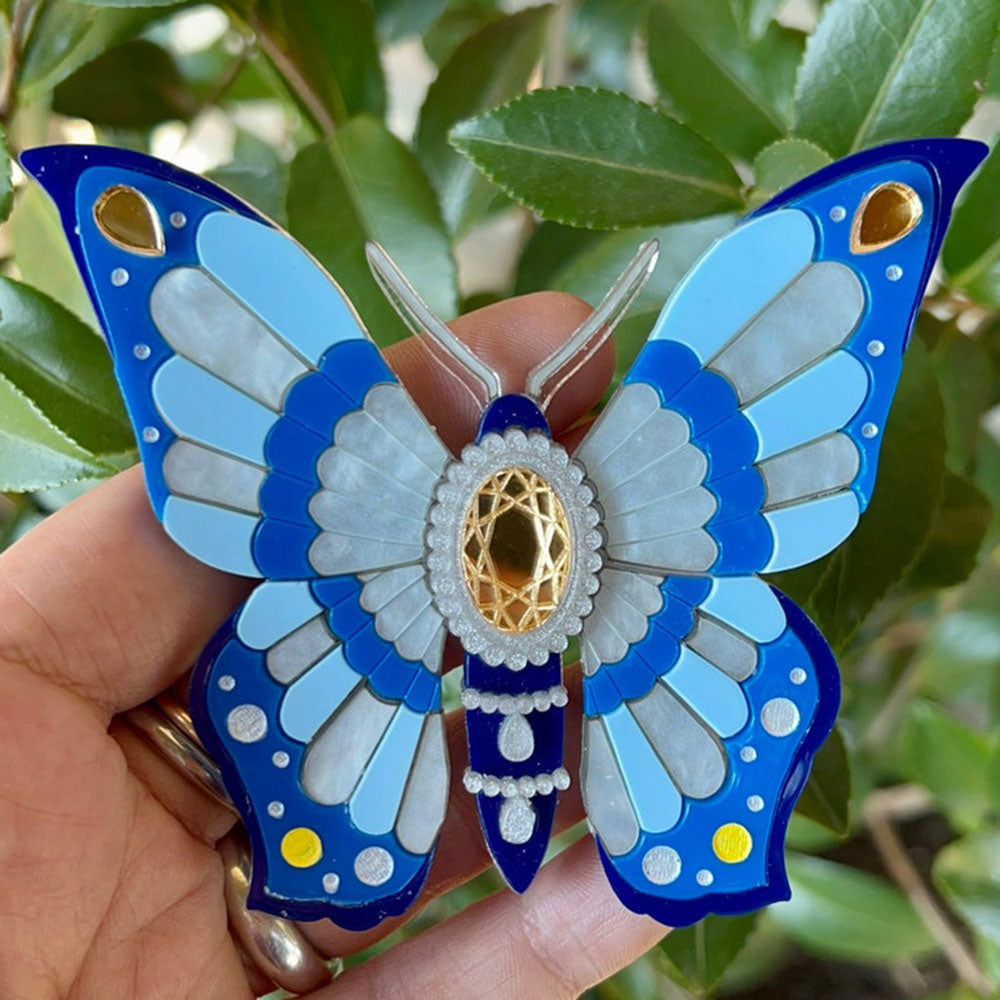 Victorian Age Inspired Insect Jewels Statement Acrylic Brooch - Blue Butterfly by Makokot Design