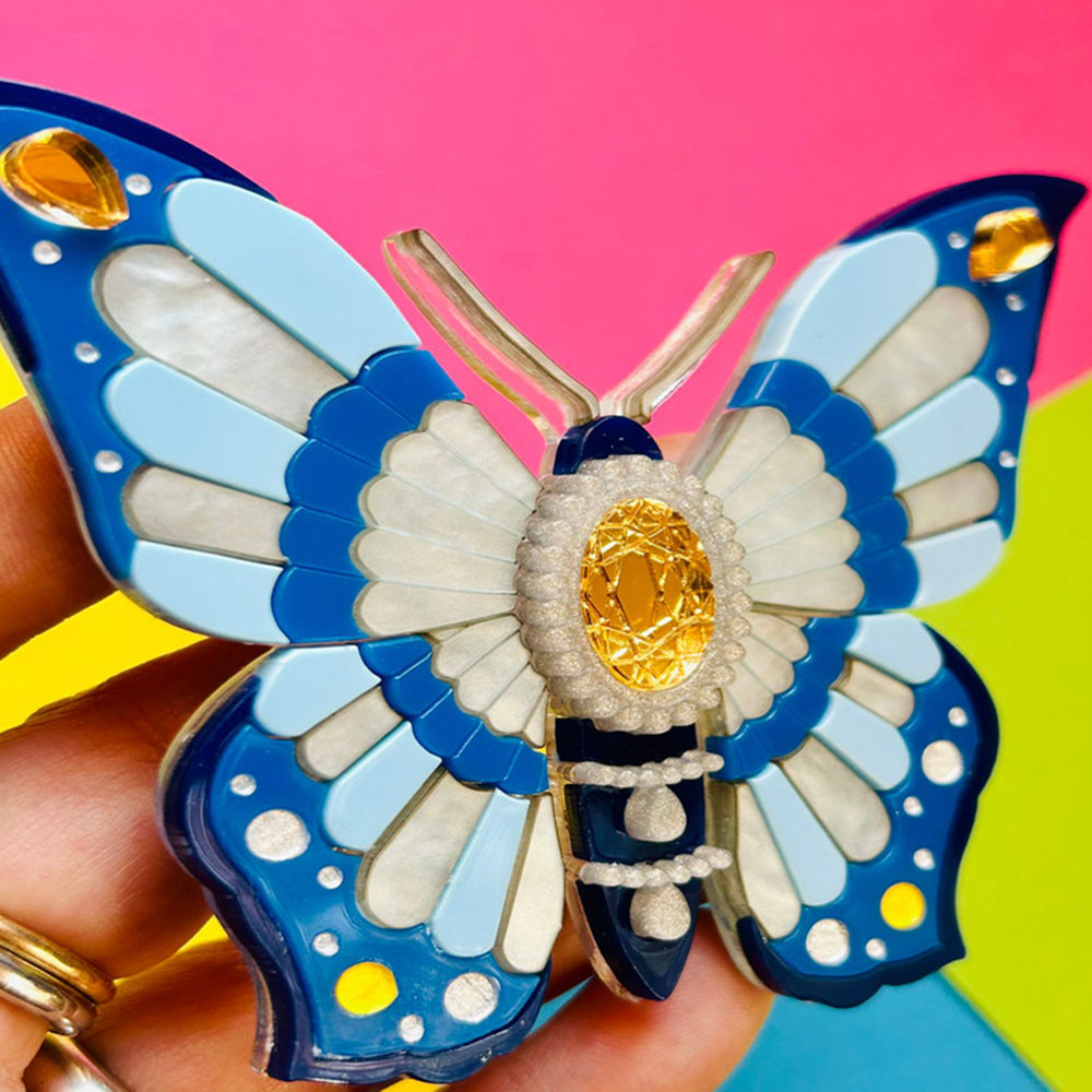 Victorian Age Inspired Insect Jewels Statement Acrylic Brooch - Blue Butterfly by Makokot Design