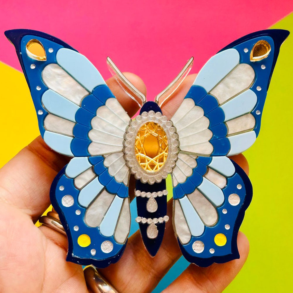 Victorian Age Inspired Insect Jewels Statement Acrylic Brooch - Blue Butterfly by Makokot Design