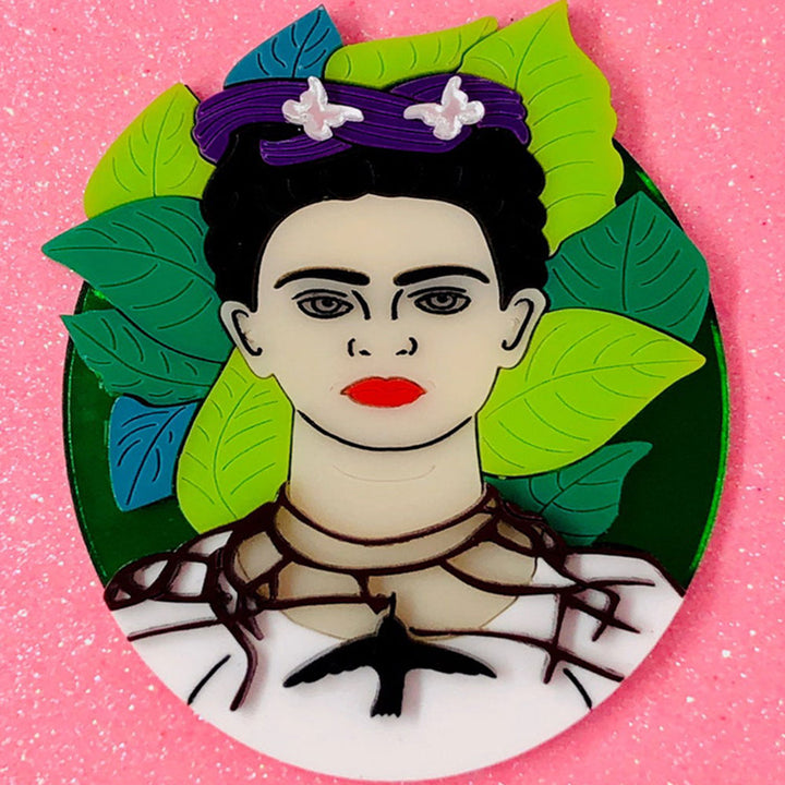 Wearable Art - Frida with Leaves Acrylic Brooch by Makokot Design