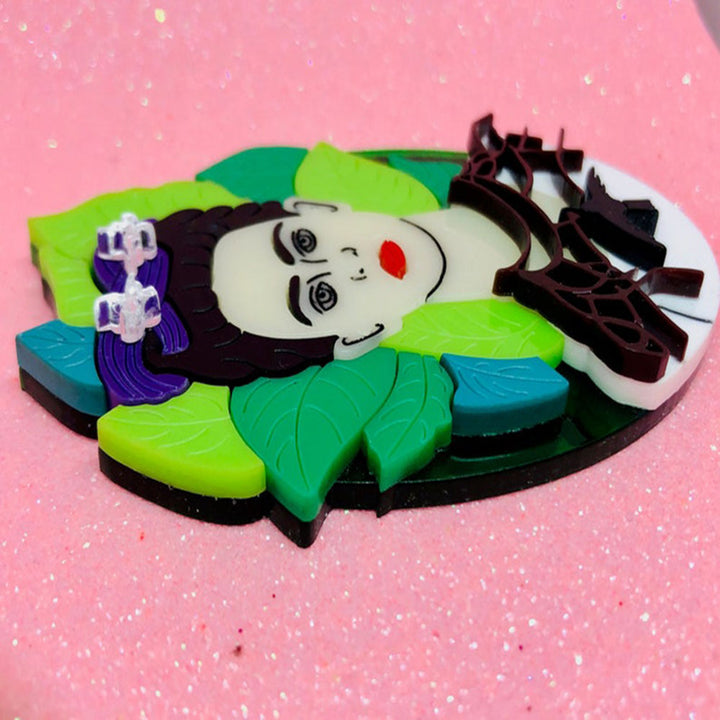 Wearable Art - Frida with Leaves Acrylic Brooch by Makokot Design